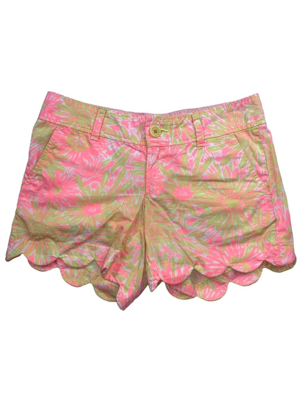 Lilly Pulitzer Buttercup Shorts Scalloped Hem Floral Print Size 0 Pink & Green
